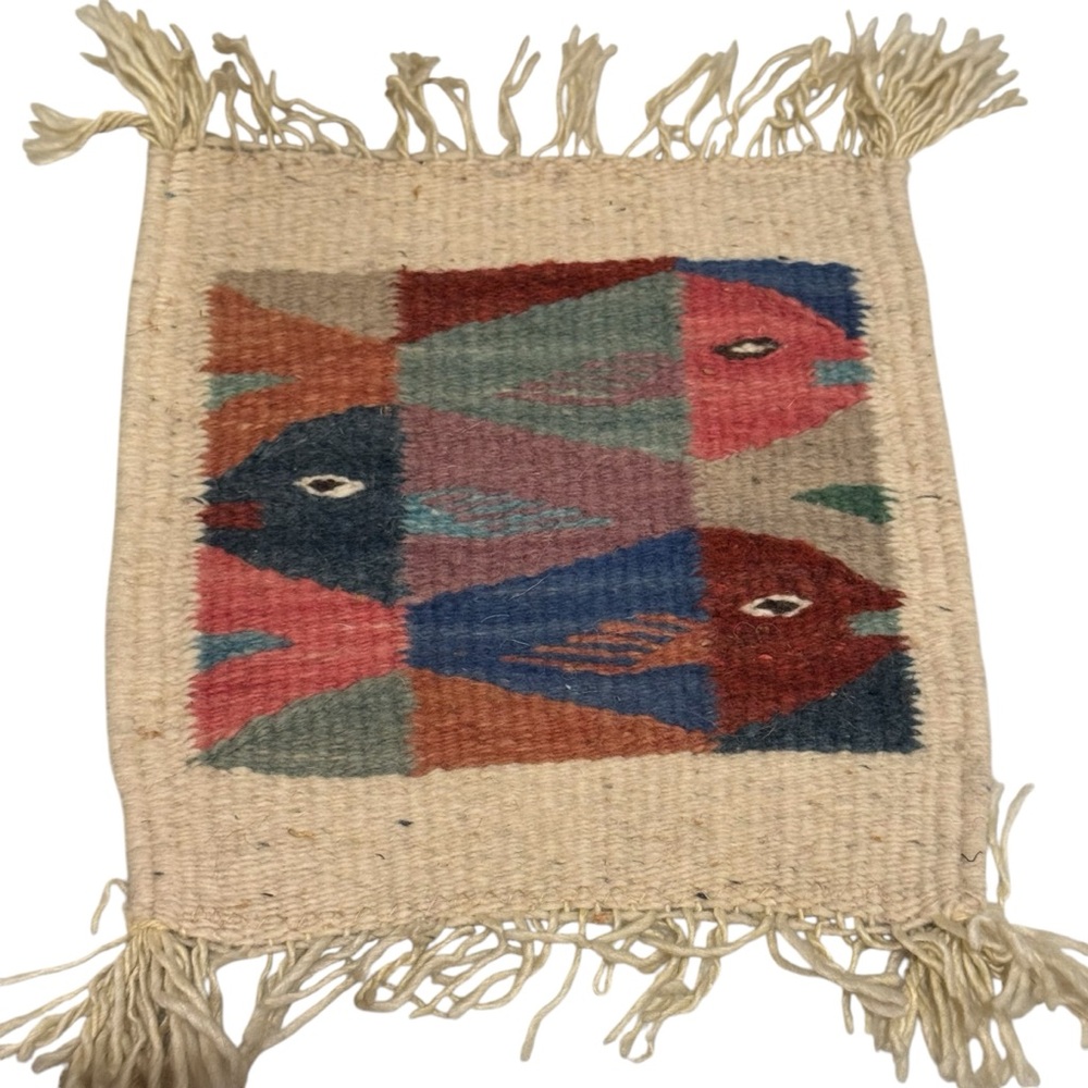 Vintage thick textile woven Fish design tapestry Peru Peruvian 8.5” X 9” MCM